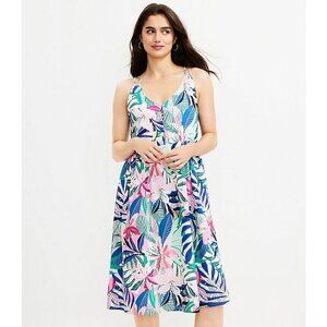 NEW LOFT Palm Double Strap Midi Dress 12 Blue Green Pink Multi Floral 590138